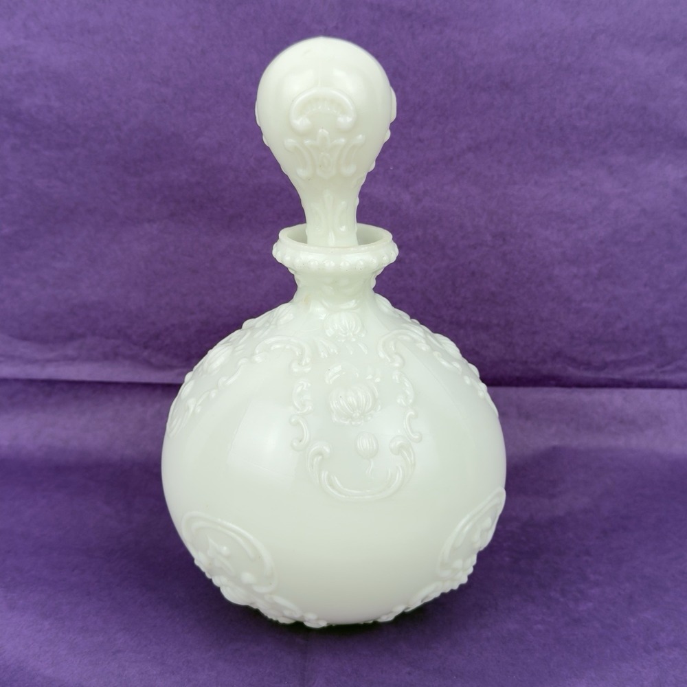 2Milk Glass Antique Barber Perfume Decanters W/Stopper Scroll Pattern Dithridge